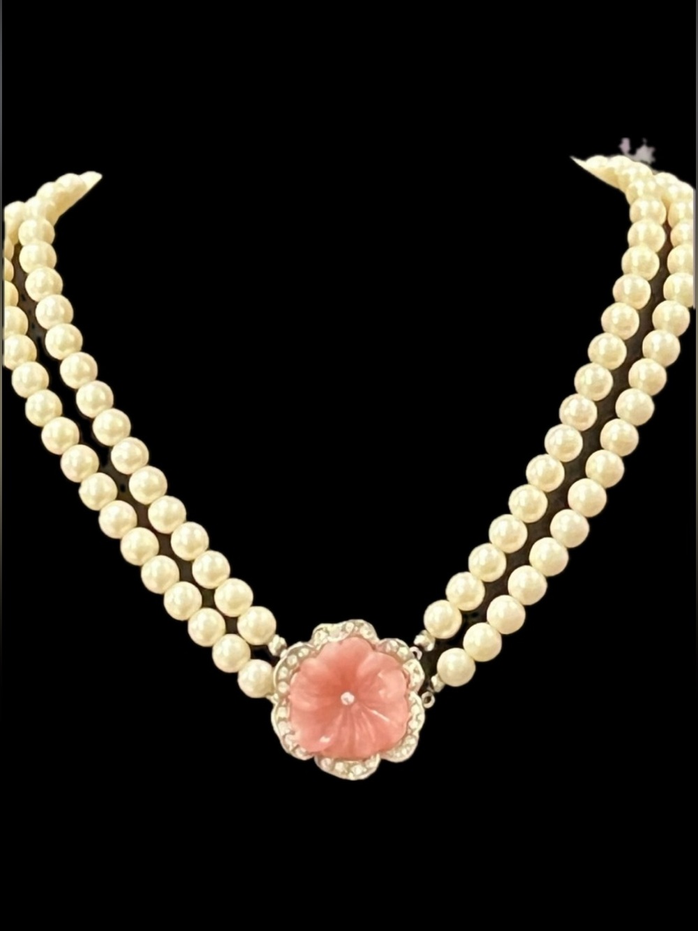 Kenneth Jay Lane KJL Vintage Pearl coral crystal pink flower floral necklace QVC